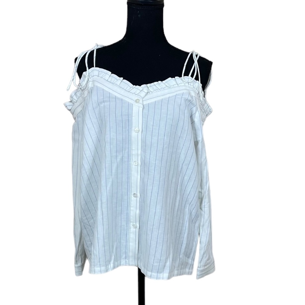 FRNCH Pinstripe Off Shoulder Button Down Blouse NWT